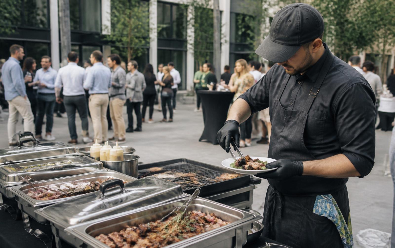Grillbuffet mit Chafing Dishes bei einer Firmenveranstaltung im Freien
