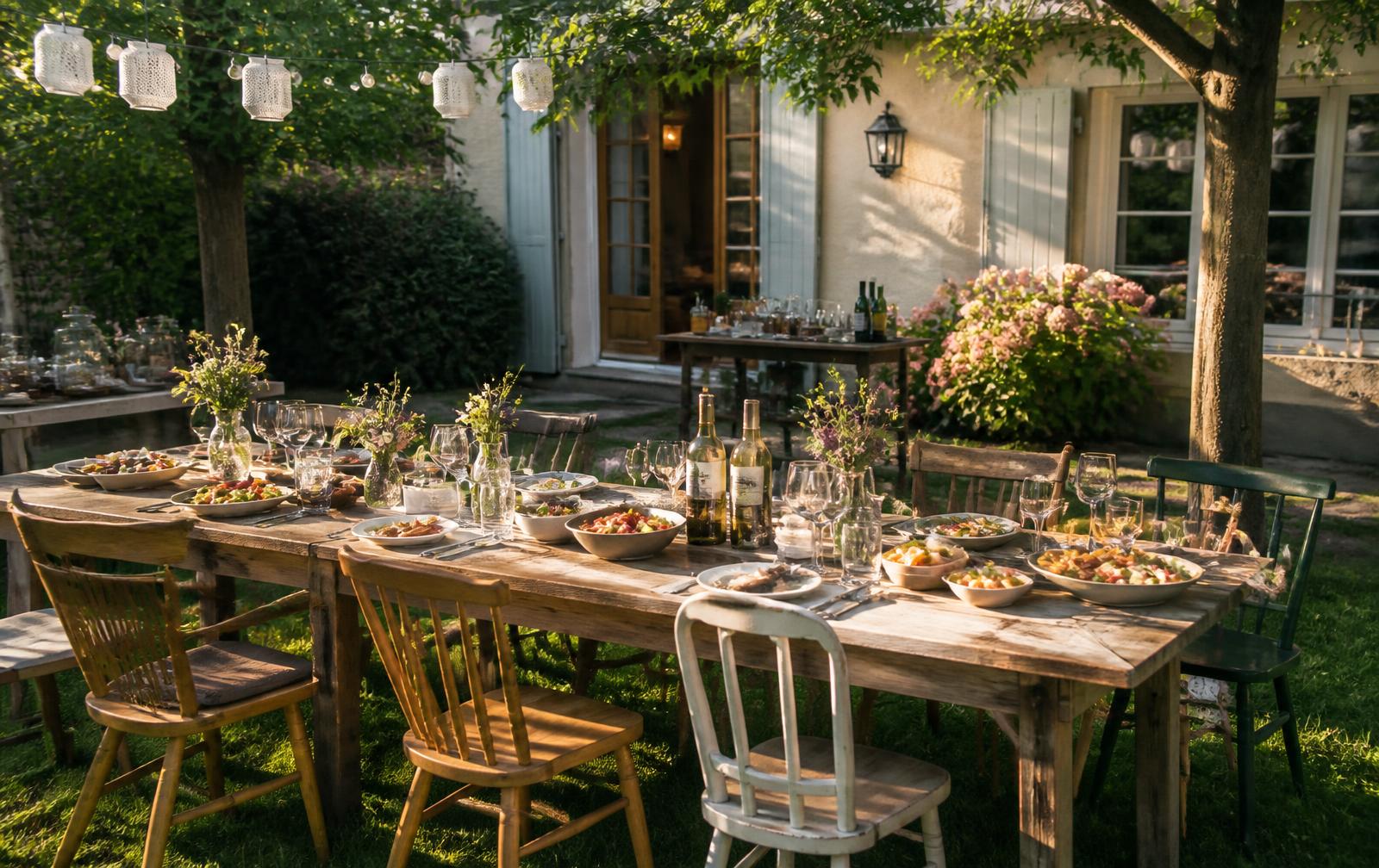 Gedeckte Gartentafel mit Buffetplatten bei einer Geburtstagsfeier