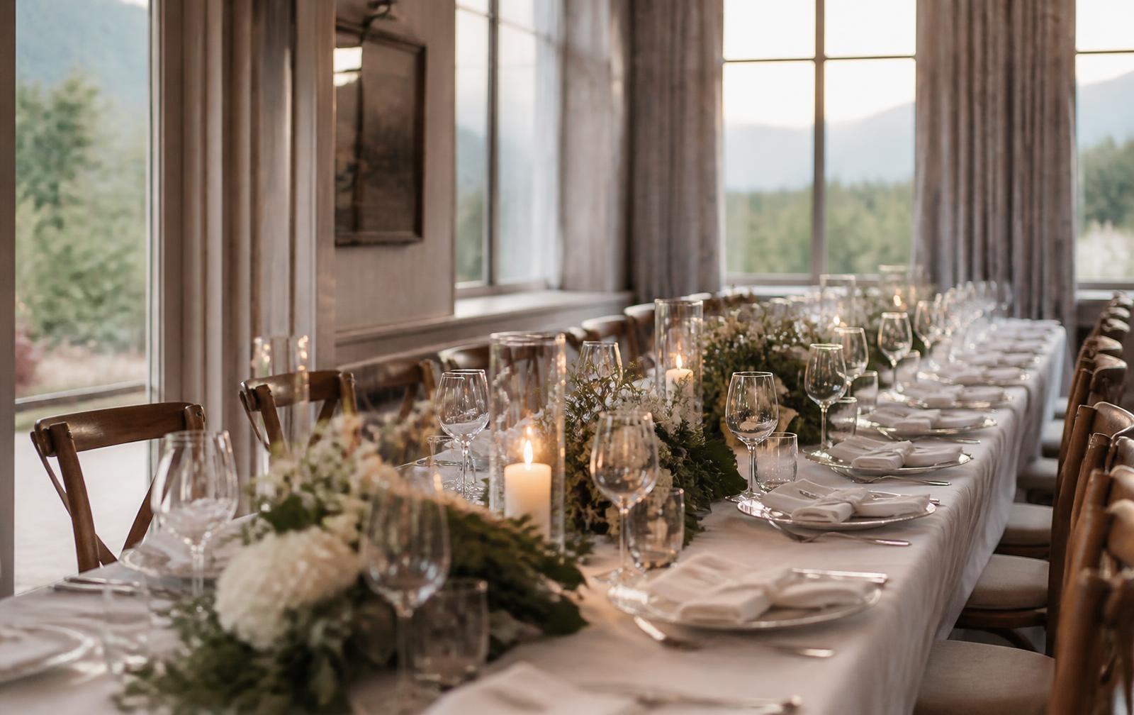 Festlich gedeckte Hochzeitstafel mit Kerzen und Blumen in einer hellen Location